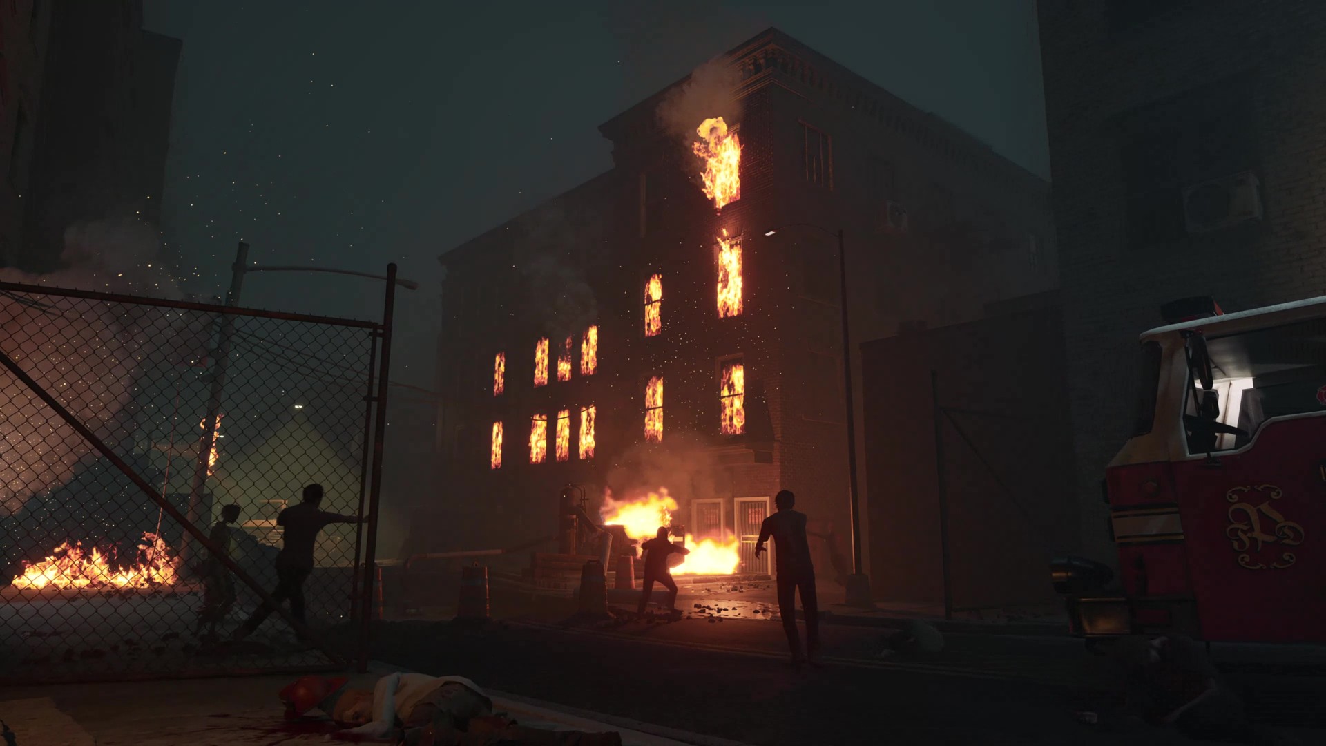Official Resupply preview of a burning Pottsville street